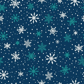Large - Aqua and White Winter Snowflakes on Navy Blue in snow