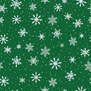 Large - White Winter Snowflakes on Emerald Green in snow