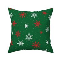 Large - Red and White Winter Snowflakes in snow on Emerald Green background 