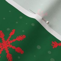 Large - Red and White Winter Snowflakes in snow on Emerald Green background 
