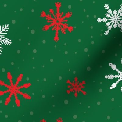 Large - Red and White Winter Snowflakes in snow on Emerald Green background 