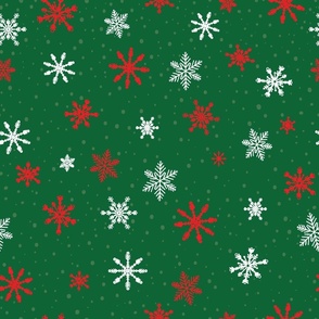 Large - Red and White Winter Snowflakes in snow on Emerald Green background 