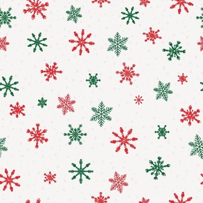 Large - Red and Emerald Green Winter Snowflakes in snow on Ivory background