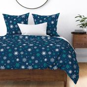 Large - White and Aqua Winter Snowflakes on Navy Blue with Texture