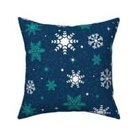 Large - White and Aqua Winter Snowflakes on Navy Blue with Texture