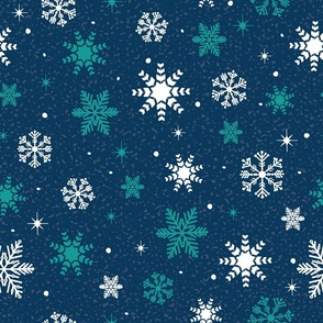 Large - White and Aqua Winter Snowflakes on Navy Blue with Texture