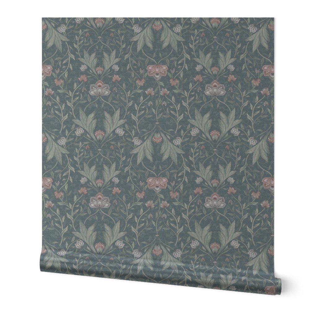 William Morris victorian damask florals - moody dark green_18"