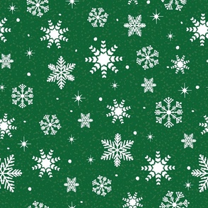 Large - White Winter Snowflakes on Emerald Green with Grey Texture