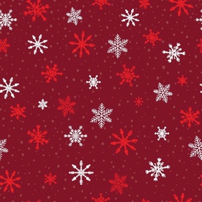 Large - Crimson Red and White Winter Snowflakes on Burgundy in snow