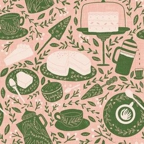 Small - Coffee and cake - novelty print - pink and green 