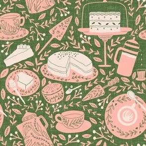 Coffee and cake - novelty print - inverse- pink and green 