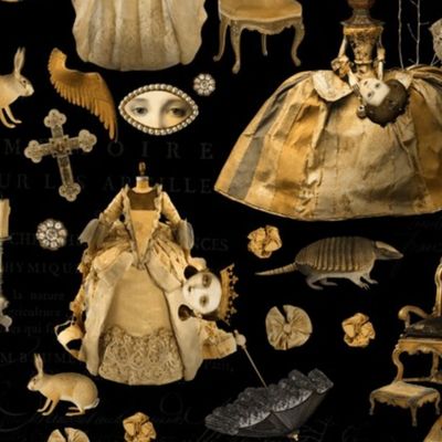 Baroque Nightmare, Headless bewitched woman, angels Victorian gothic Fairytale, little girls and bunnies in autumn woodland -  olive green candles, clocks - shiny sepia gold on black