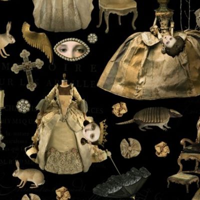 Baroque Nightmare, Headless bewitched woman, angels, candles, clocks -sepia gold - black