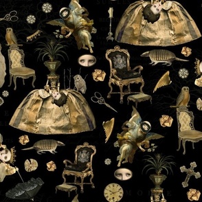 Baroque Nightmare, Headless bewitched woman, angels, candles, clocks -sepia gold - black