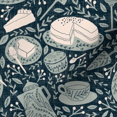 Coffee and cake - novelty print - inverse - french grey/midnight blue 