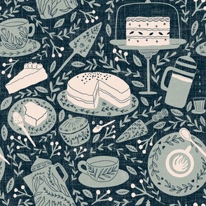 Coffee and cake - novelty print - inverse - french grey/midnight blue 