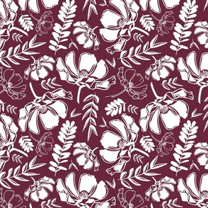 Big White Blooms on Wine Red #6A273B Small