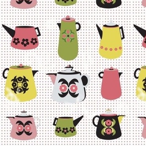 Retro Coffee Pots in Pink Yellow Green _Angela Robertson