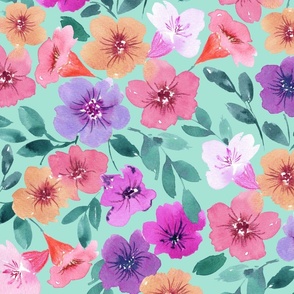 Watercolor Petunias Floral on Mint