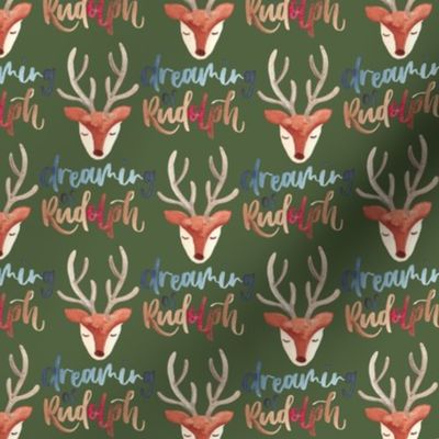 Cute reindeer heads / small/  watercolor sleepy reindeer faces on dark green with the lettering dreaming of Rudolph