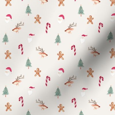 Favourite things Christmas watercolor / small / cute reindeer,  gingerbread men and santa on boho beige
