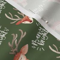 Watercolor Christmas reindeer / small / cute reindeer faces on dark green with white text - merry and bright