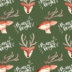 Watercolor Christmas reindeer / small / cute reindeer faces on dark green with white text - merry and bright