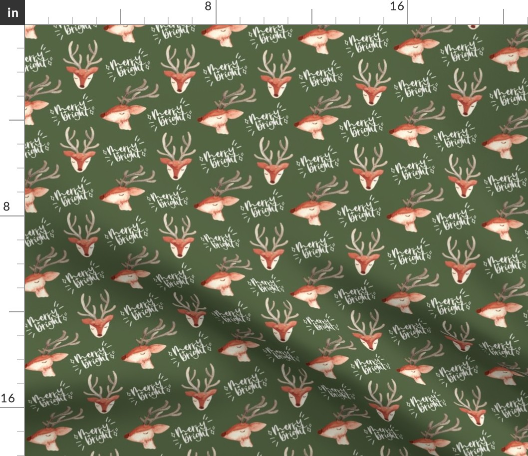 Watercolor Christmas reindeer / small / cute reindeer faces on dark green with white text - merry and bright