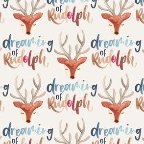 Cute reindeer heads / small /  watercolor sleepy reindeer faces on beige with the lettering dreaming of Rudolph