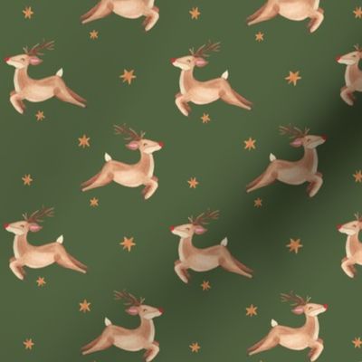 Watercolor rudolph the red nosed reindeer with stars / small / dark green minimalist christams