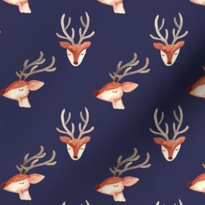 Watercolor Christmas reindeer / small / cute reindeer faces on navy blue