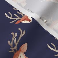 Watercolor Christmas reindeer / small / cute reindeer faces on navy blue