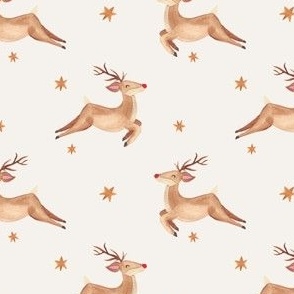 Watercolor Rudolph with stars / small / minimalist Christmas holiday in boho beige
