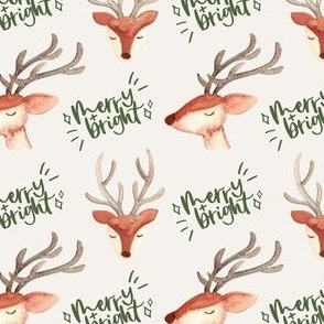 Watercolor Christmas reindeer / small / cute reindeer faces on gender neutral boho beige with dark green text - merry and bright