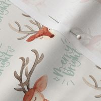 Watercolor Christmas reindeer / small / cute reindeer faces on beige with mint green text - meryr and bright