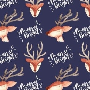Watercolor Christmas reindeer / small / cute reindeer faces on navy blue - with text merry and bright
