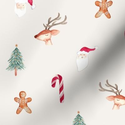 Watercolor Christmas favorite things / large / boho beige with gingerbread man, reindeer faces, santa claus and candy canes