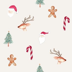 Watercolor Christmas favorite things / large / boho beige with gingerbread man, reindeer faces, santa claus and candy canes