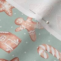 Watercolour christmas cookies on mint green / medium / cute festive gingerbread men 