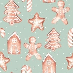 Watercolour christmas cookies on mint green / medium / cute festive gingerbread men 