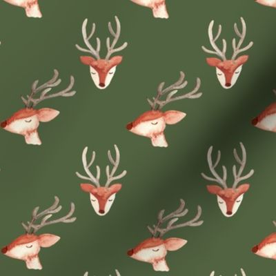 Watercolor Christmas reindeer / small / cute reindeer faces on gender neutral dark green, pine green