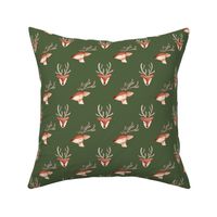 Watercolor Christmas reindeer / small / cute reindeer faces on gender neutral dark green, pine green