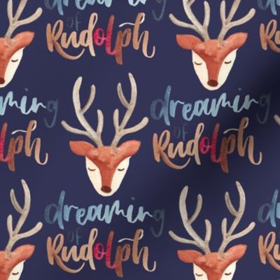 Cute reindeer heads / medium /  watercolor sleepy reindeer faces on navy blue with the lettering dreaming of Rudolph