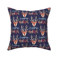 Cute reindeer heads / medium /  watercolor sleepy reindeer faces on navy blue with the lettering dreaming of Rudolph