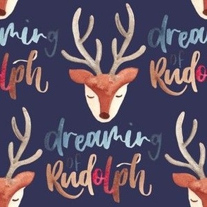 Cute reindeer heads / medium /  watercolor sleepy reindeer faces on navy blue with the lettering dreaming of Rudolph