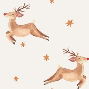 Boho Christmas watercolor reindeer with stars / medium / minimalist brown reindeer on beige