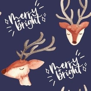 watercolor reindeer heads / medium / cute reindeer on navy blue with white words merry and bright