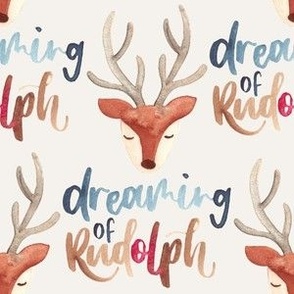 cute reindeer heads / medium / watercolor sleepy reindeer faces on pastel green with the lettering dreaming of Rudolph
