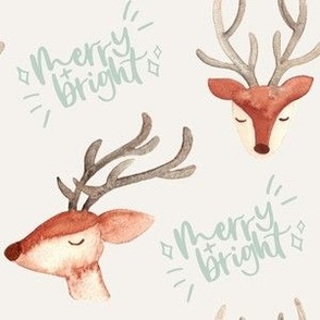 watercolor reindeer heads / medium / cute reindeer on boho beige with pastel green words