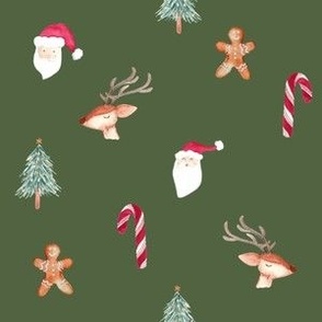 Christmas favorite things / medium / dark green with gingerbread man, reindeer faces, santa claus and candy canes